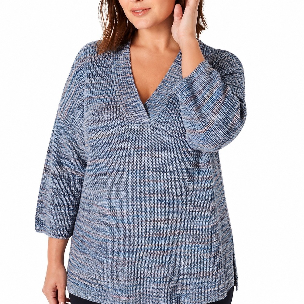 J. Jill Easy Dropped-Shoulder Cotton V-Neck Sweater S 3/4 Sleeve Blue Oversized